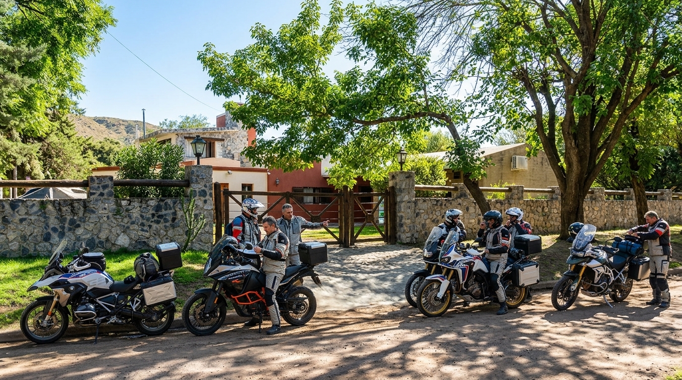 Grupo de motoqueros listos para salir en travesía desde Casa Quinta, Cruz del Eje, Córdoba