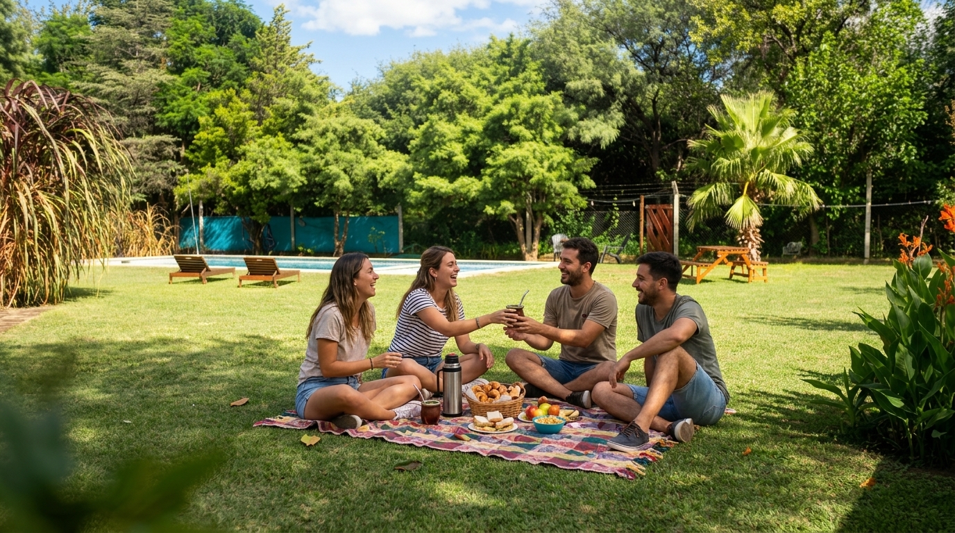 Familia en jardín con piscina