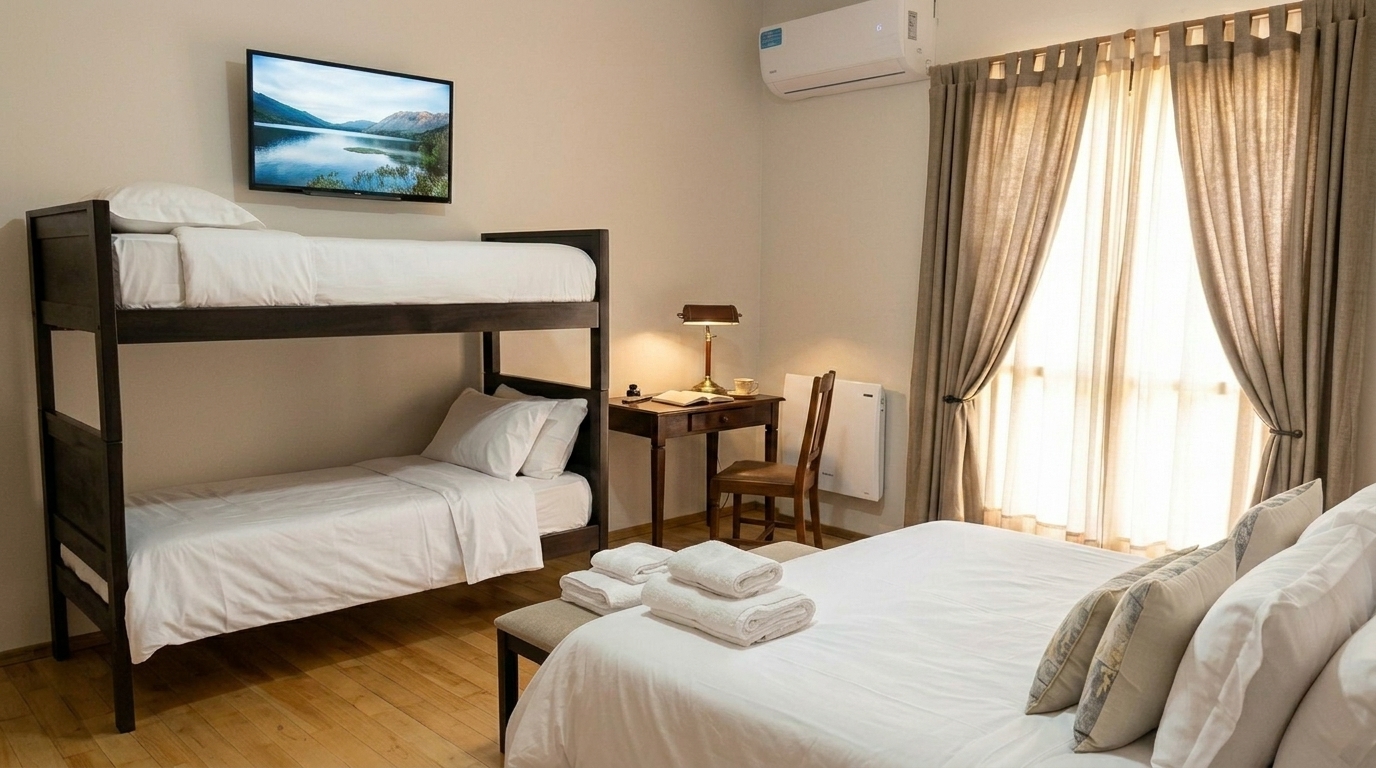 Habitación doble con cama grande, segunda cama, escritorio, silla, aire acondicionado y calefactor en Casa Quinta Cruz del Eje, Córdoba