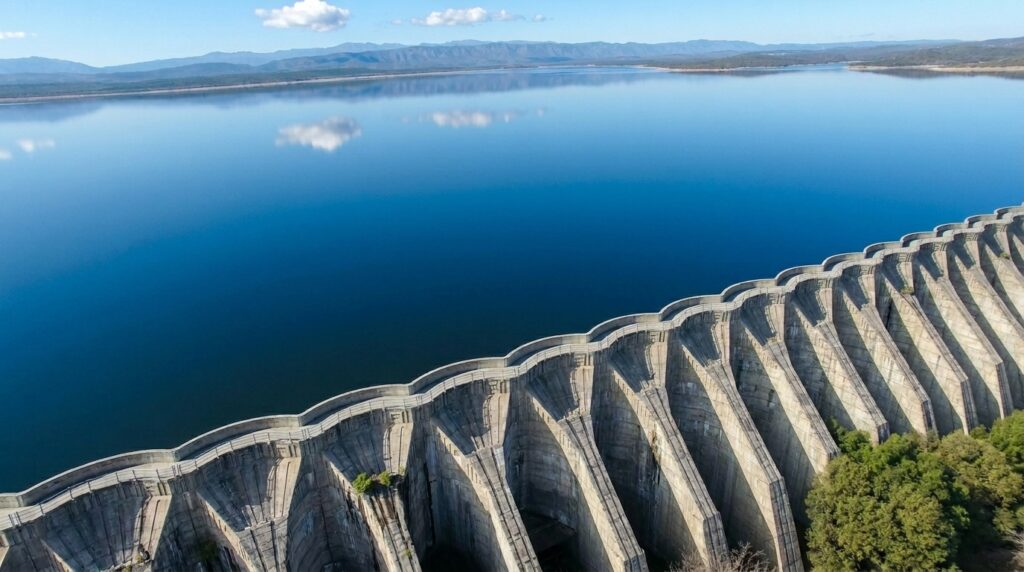Vista panorámica del Dique Cruz del Eje con paredón y espejo de agua – Embalse Arturo Umberto Illia, Córdoba