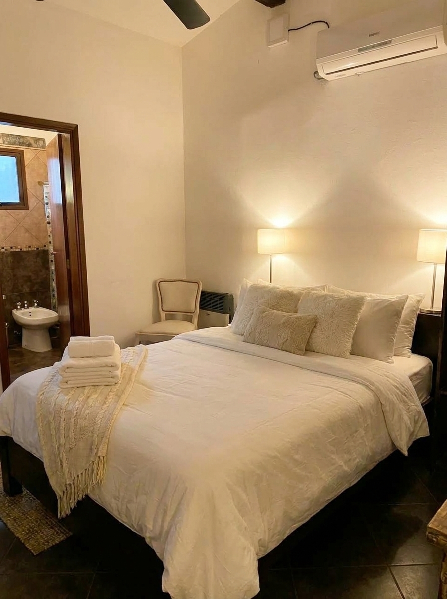 Vista interior de habitación con entrada privada, armario y ventilador en Casa Quinta Cruz del Eje, Córdoba