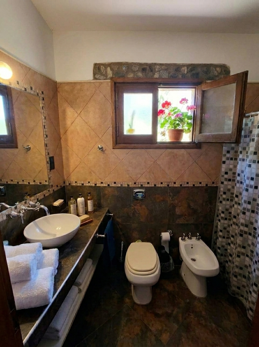 Baño privado completo con ducha, sanitarios y tocador en Casa Quinta Cruz del Eje, Córdoba